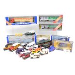 Corgi and other diecast vehicles, including a Landrover, road drill and figure 60031, Scania contain