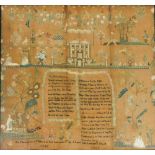 A late 18thC silk work pictorial and religious verse sampler, named to Anne Macdougal, born at Madra