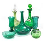 A group of late 19thC green glass, including a Mary Gregory type decanter and stopper, claret jug an