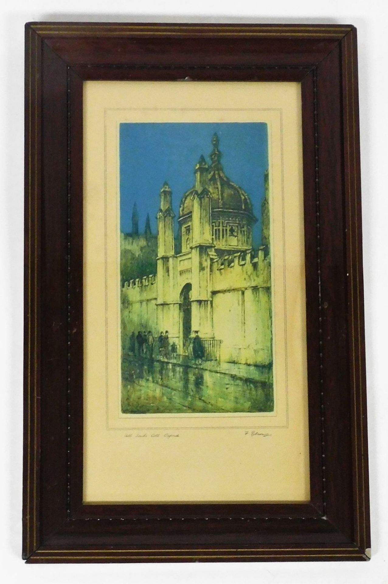 After F Robson (1880-1936). All Souls College, Oxford, colour print, 25.5cm x 13cm. - Image 2 of 3