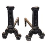 A pair of Victorian cast iron andirons, cast with acanthus leaves, 35cm high.