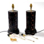A pair of Chinese black lacquer table lamps, decorated with bands of flowers and scrolling leaves, r