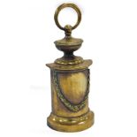 A late Victorian Adam style brass demi lune doorstop, with ring handle, 29cm high.