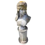 A composition bust of a lady, wearing a head dress, on socle base, standing on a later Corinthian co