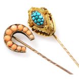 A Victorian turquoise set tie pin, in yellow metal, together with a tie pin formed as a horseshoe, s