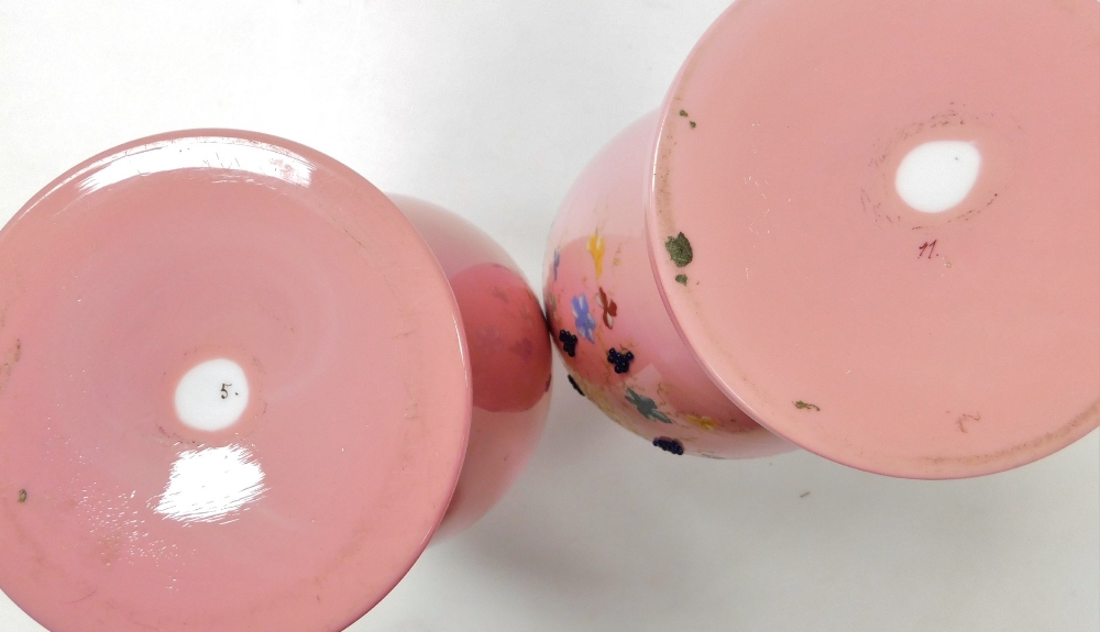 A pair of late 19thC pink opaline glass vases, of baluster form, painted with vines, and applied wit - Image 2 of 3