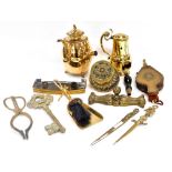 A group of Victorian and later brass ware, including a heavy brass door knob, fire irons and bellows