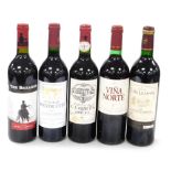 Five bottle of red wine, comprising Chateau Bourdicotte 2005, Vina Nauta, Chateau de Campats 2001, C