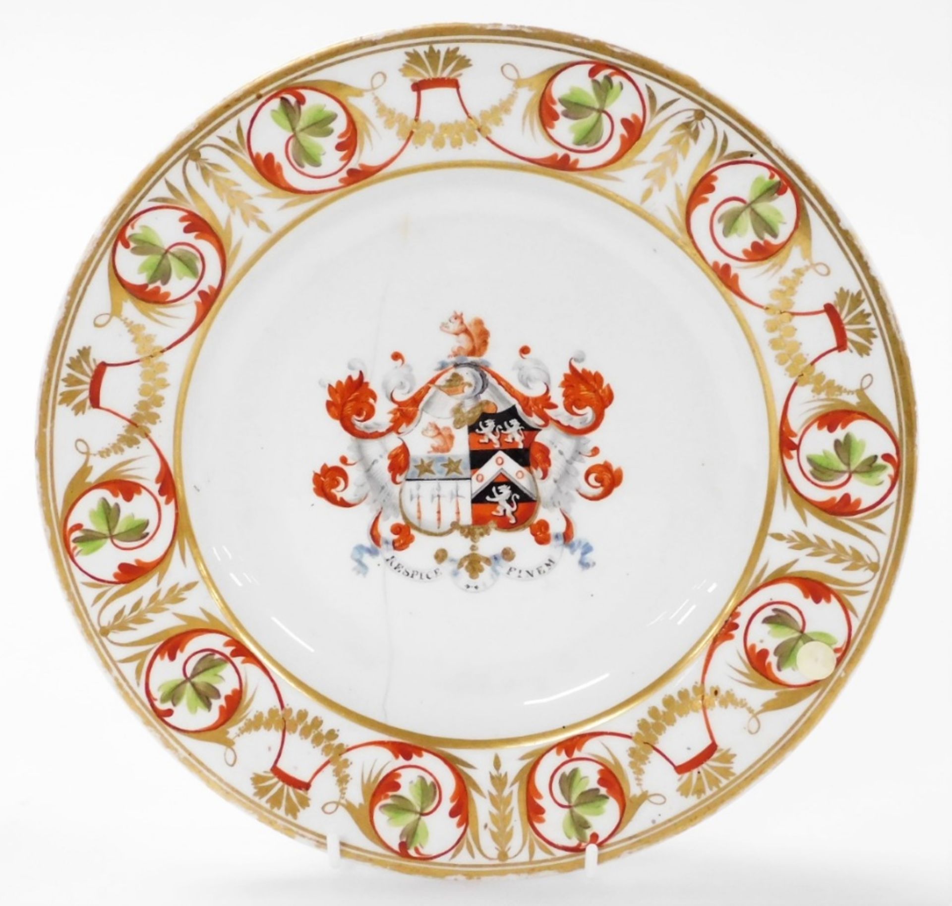 A set of four early 19thC Derby porcelain armorial plates, the central reserve decorated with the co - Image 2 of 4