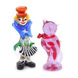 A Murano glass figure of a clown, 24cm high, together with a Murano glass figure of a stylised cat,