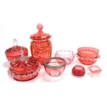 A group of Victorian and later cranberry coloured glass ware, to include bon bon dish and cover, 17c