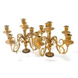 A pair of 19thC parcel gilt and gesso five branch candelabra, of scrolling foliate form, 35cm high,