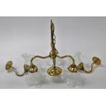 A brass three branch chandelier, with fluted and frilled opalescent glass shades, 40cm high, togethe