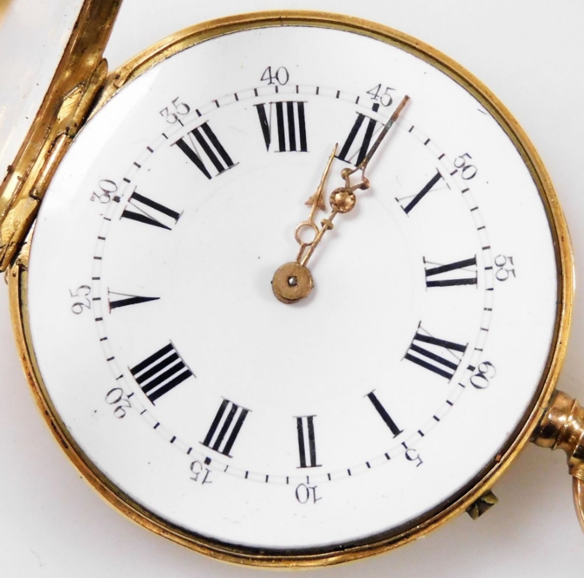 A late 19thC 18ct gold cased lady's pocket watch, open faced, keyless wind, circular enamel dial bea - Image 2 of 3