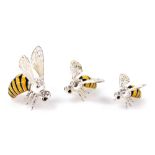 Three Saturno silver and enamelled bumble bees, each marked 925, 4cm and 2cm high.