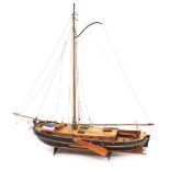 A wooden scale model of a boeier yacht, named Vabel, on stand, 71cm wide.