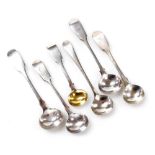 Six Victorian and later silver mustard spoons, five initial engraved, one with a gilt metal bowl, va