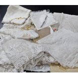 Linen and lace table linen, bed throw, napkins, etc. (3 boxes)