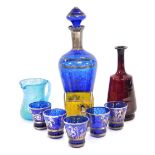 A Venetian blue glass and silver lustre decanter, and five tots, decorated with the Lion of St Marks