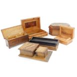 A group of hardwood boxes, including a burr walnut and yew wood box, olivewood cigarette and match d