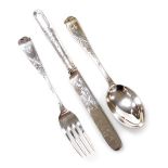 An Edward VII silver knife, fork and spoon set, each piece bright cut engraved, bearing monogram, Lo