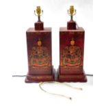 A pair of Chinese faux red lacquer table lamps, gilt decorated with Chinese emperors and dragons, et