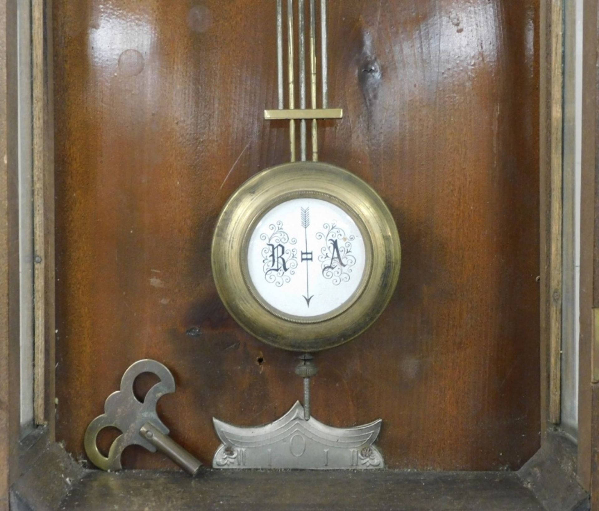 A late 19thC oak cased Vienna wall clock, circular brass dial with enamel chapter ring bearing Roman - Image 3 of 3