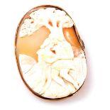 A shell cameo brooch, carved with a pair of lovers seated beneath a tree, in a yellow metal mount, s