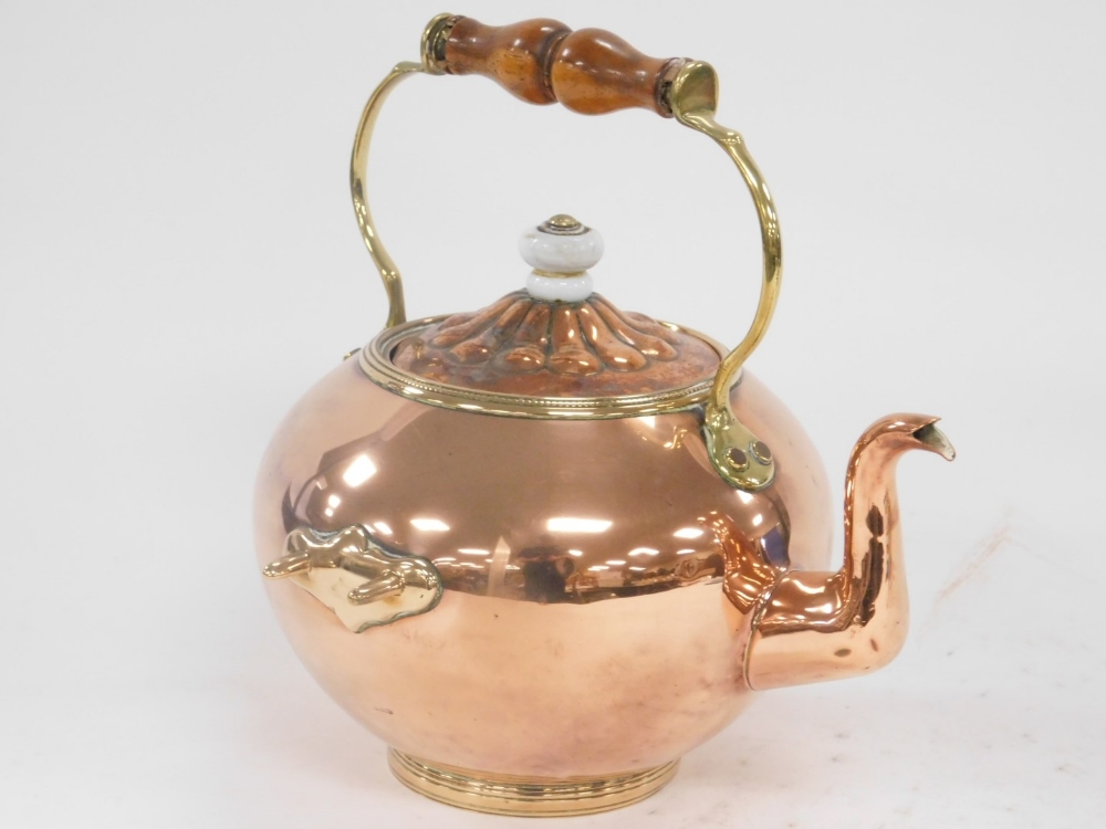 A Victorian copper and brass tea kettle, on stand, with burner, 37cm high. - Image 3 of 3