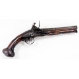 A late 18thC British officer's holster pistol by Theophilus Richards, the walnut stock engraved with
