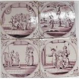 Four Dutch Delftware manganese tiles, decorated with religious scenes, 12.5cm x 12.5cm.