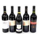 Five bottles of red wine, comprising Miranda Brothers 2003 Shiraz, El Bombero Carinena 2004, Buronga