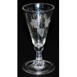 An 18thC dwarf ale glass, the conical bowl engraved with hops, with knopped stem and folded foot, ro