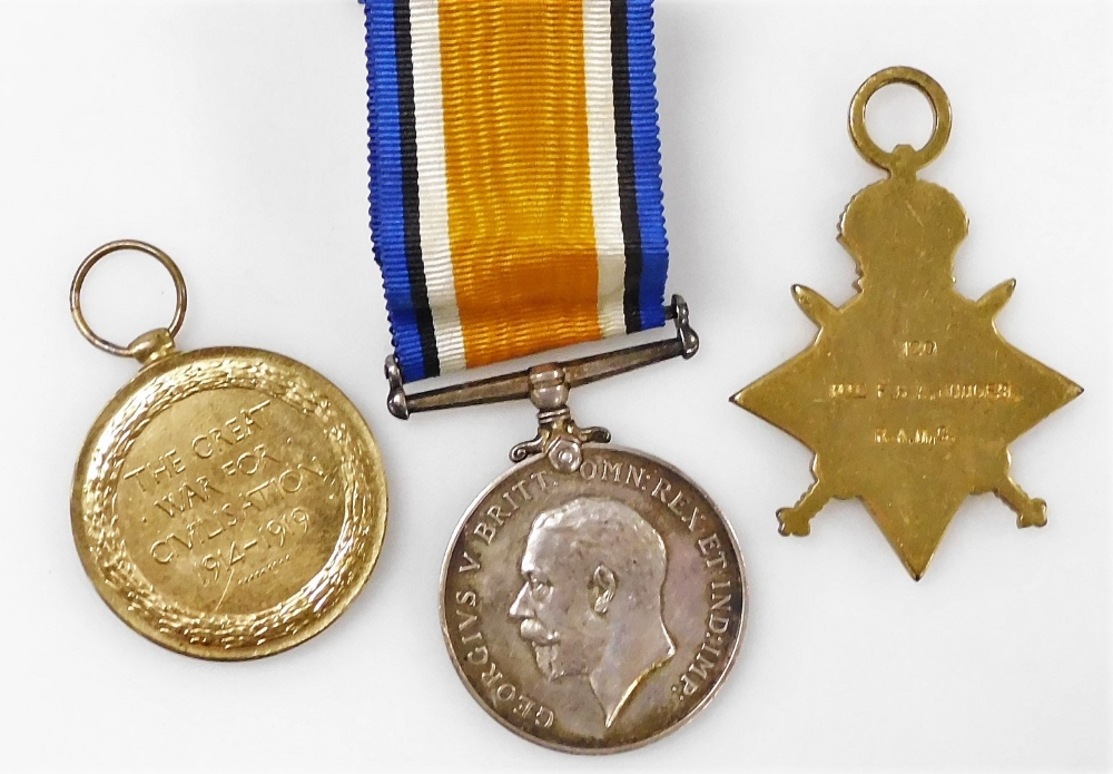 Three World War One medals, named to Pte FBA Hodges, RAMC, 120, comprising 1914 Star, Great War and - Image 2 of 2