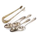 A set of four Georgian silver Old English pattern coffee spoons, monogram engraved, together with a