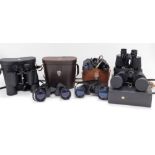 Six pairs of binoculars, five cased, include Lumor, Prinz, and Telemax.