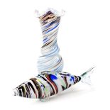 A Murano glass fish, 35cm long, together with a Murano glass vase, with flared trumpet neck and doub