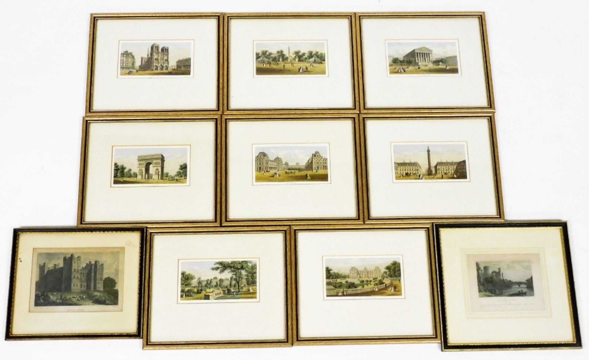 A group of colour engravings depicting Parisian scenes, to include Notre Dame, The Louvre, Les Tuile