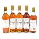 Five bottles of dessert wine, comprising Chateau Grand Lousteau 2002 (3), Clos Saint-Georges 1988, a