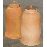 A pair of vintage terracotta rhubarb forcers, with lids, 63cm high.