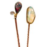 An opal tie pin, set in yellow metal, stamped 15ct, 1.7g, together with a diamond and opal doublet t