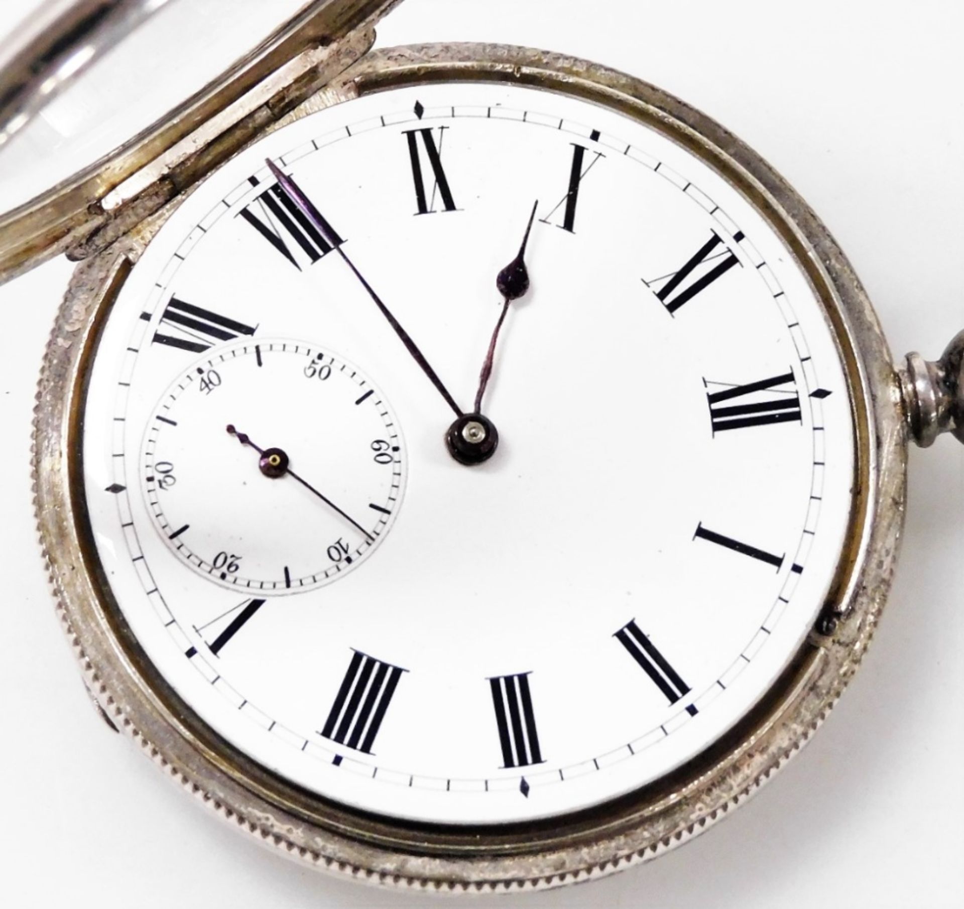 A late 19thC gentleman's silver cased pocket watch, open faced, key wind, circular enamel dial beari - Image 2 of 3