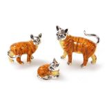 Three Saturno silver and enamelled figures of tabby cats, two in standing position, 4cm and 2.5cm hi