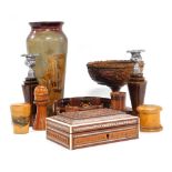 A group of treen, including a Mauchline ware glass holder, printed with a view of Lewes, pair of oak