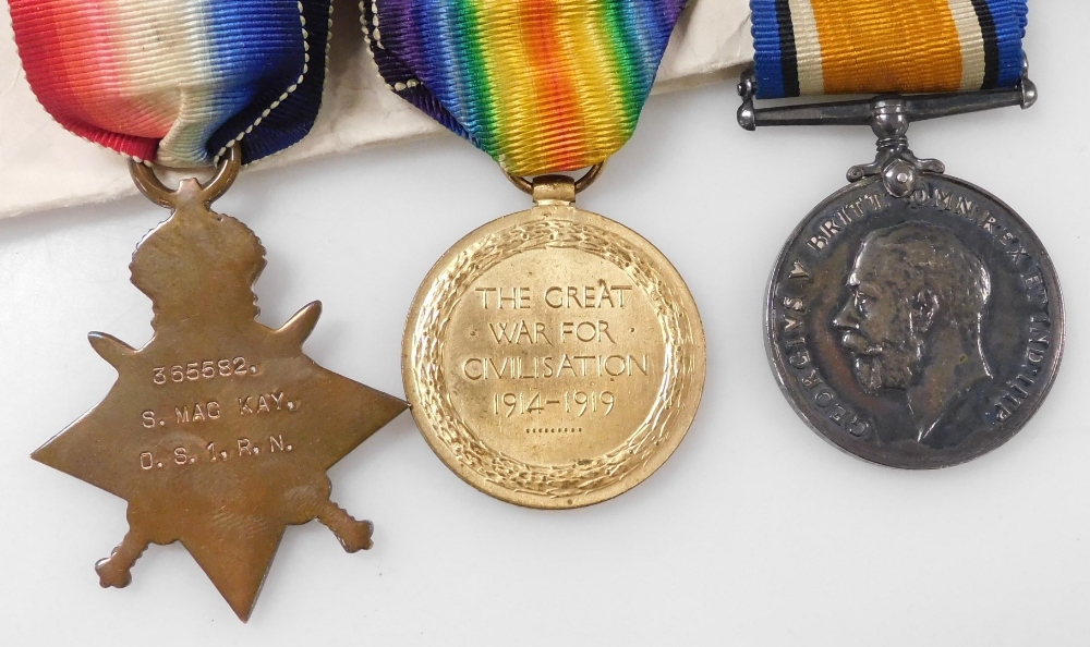 Three World War One medals, named to S Mackay, A.M.1/O.S.1, Royal Navy, 365582, comprising 1914/15 S - Image 2 of 2