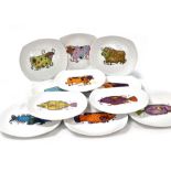 A set of six English Ironstone pottery plates, for Beefeater, steak and grill set, variously decorat