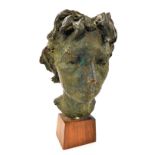 A late 20thC bronzed plaster bust of a lady, raised on a teak plinth, 35cm high.