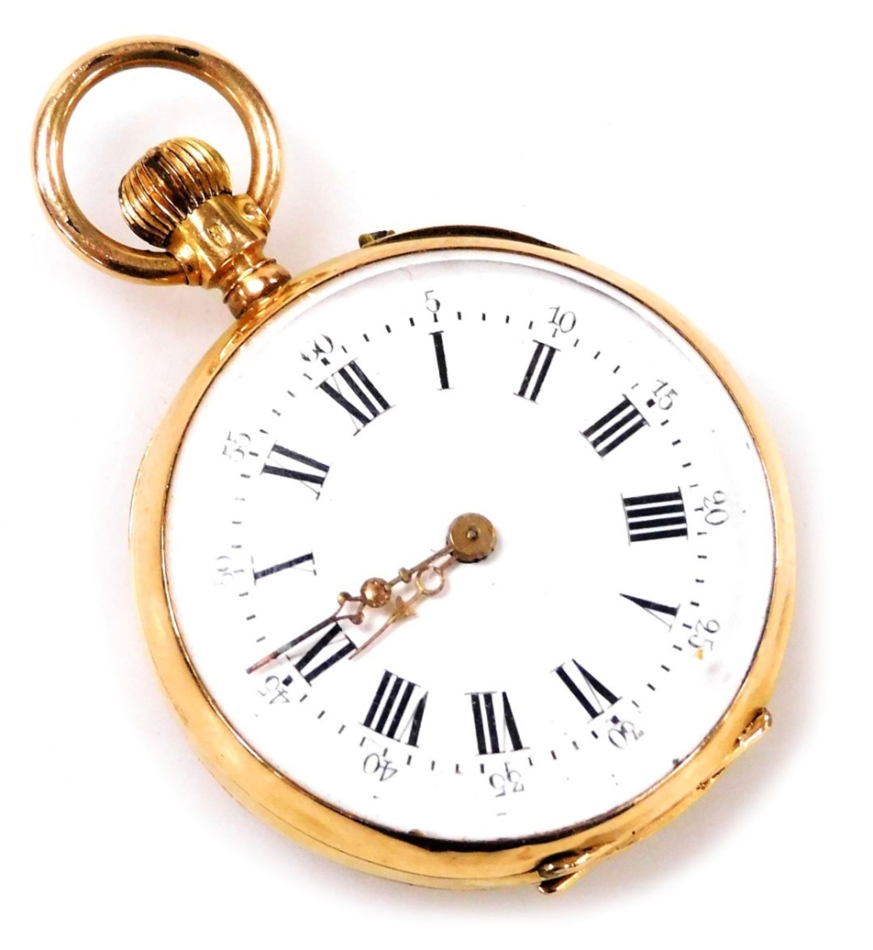 A late 19thC 18ct gold cased lady's pocket watch, open faced, keyless wind, circular enamel dial bea