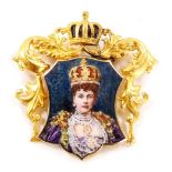 An Edwardian enamel court jewel pendant, of shield form, decorated with a bust portrait of Queen Ale