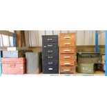 A black metal six drawer filing cabinet, together with a pine filing cabinet, various metal boxes, c